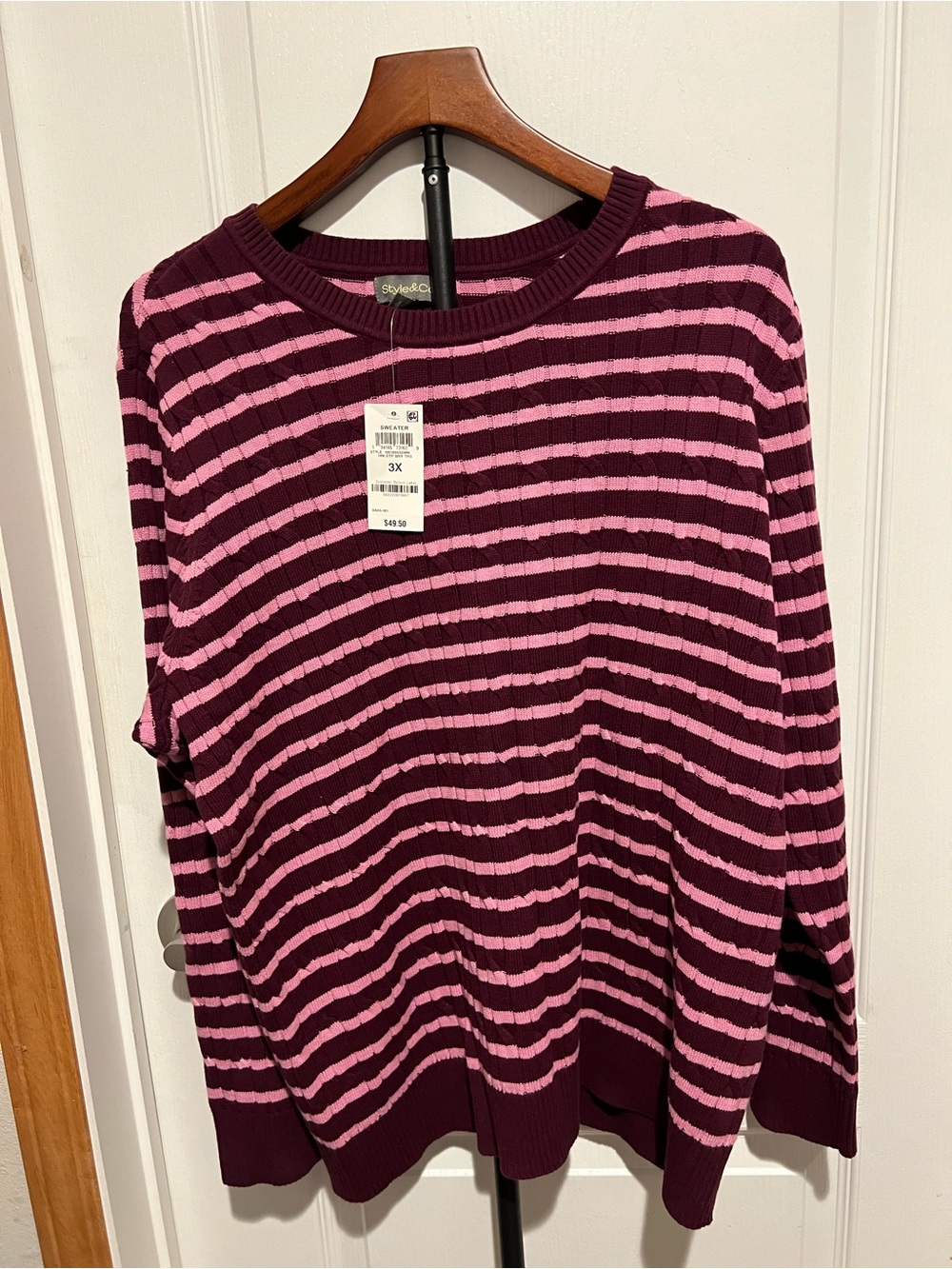 Style & Co. Burgundy and Pink Striped Ribbed Sweater